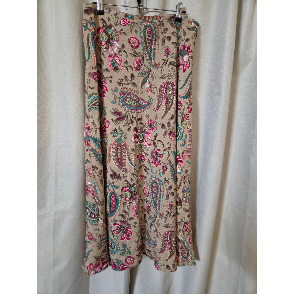 East 5th Tan Paisley Linen Blend Midi Skirt Pink Teal Floral Size 10